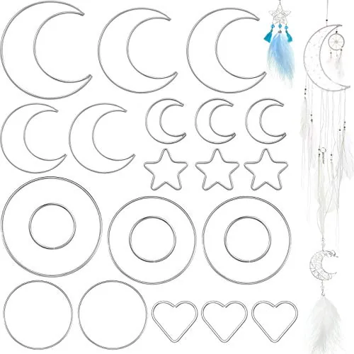 22 Piece Dream Catcher Rings Metal Macrame Hoops Round Star Moon, Silver, product photograph