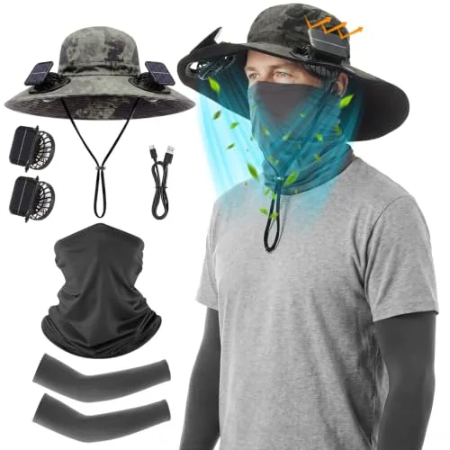 Solar Powered Fan Hat Neck Gaiter Arm Sleeves Sun Bucket, product photograph