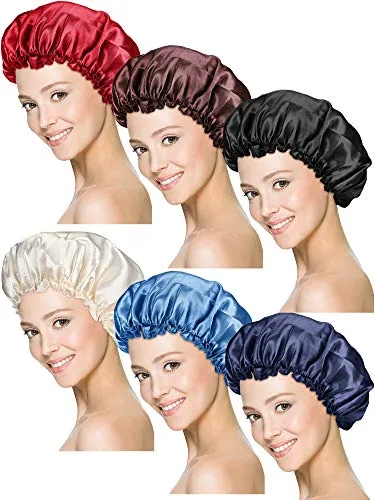 6 Piece Sleep Cap Satin Bonnet, Red, product photograph
