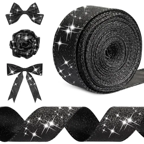 Glitter Ribbon Wired Edge 1.5 Inch X 20 Yard Black, product photograph