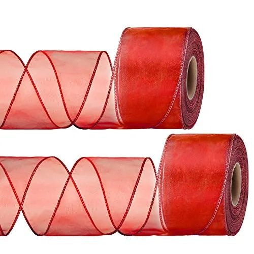 2 Rolls Wired Organza Ribbon Sheer Christmas Wrapping, Red, product photograph