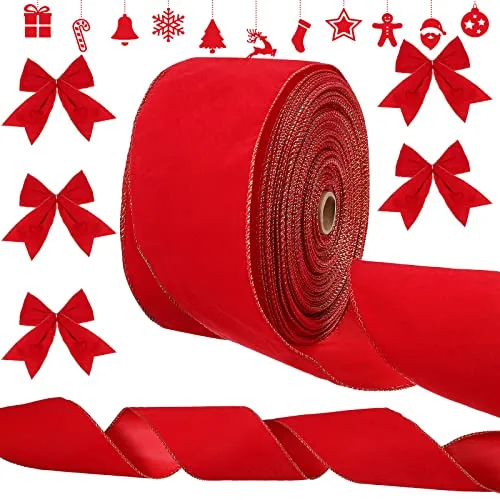 Velvet Ribbon 4 Inch X 60 Yard Red/Gold Wired Gold Edge, product photograph