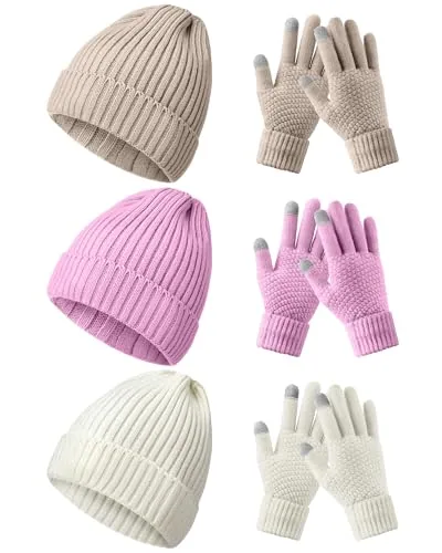 6 Piece Women Men Beanie Winter Hat Gloves Set, Beige, product photograph