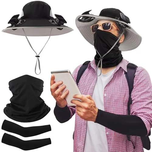 Solar Powered Fan Hat Neck Gaiter Arm Sleeves Sun Bucket, Black, product photograph
