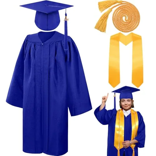 4 Piece 2026 Unisex Kindergarten Graduation Matte Gown Cap Tassel, Blue, product photograph