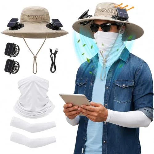 Solar Powered Fan Hat Neck Gaiter Arm Sleeves Sun Bucket, product photograph