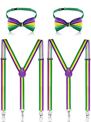 4 Piece Mardi Gras Suspenders and Bowtie Set Adjustable Elastic Y, product photograph