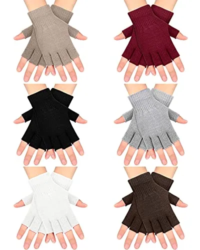 6 Pairs Fingerless Gloves Unisex Knit Warm Winter Gloves, Black, product photograph