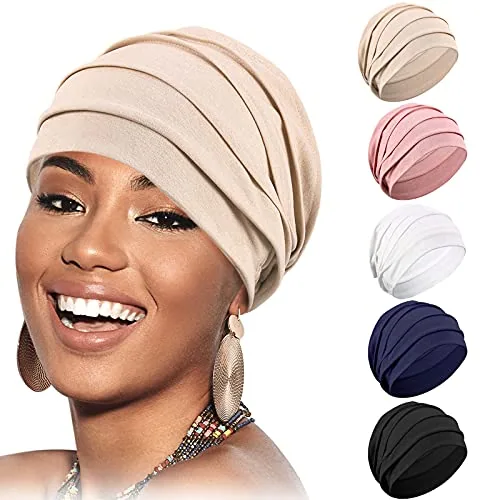5 Piece Women Turban Sleep Cap Skull Cap Slouchy Beanie Soft, Black, product photograph