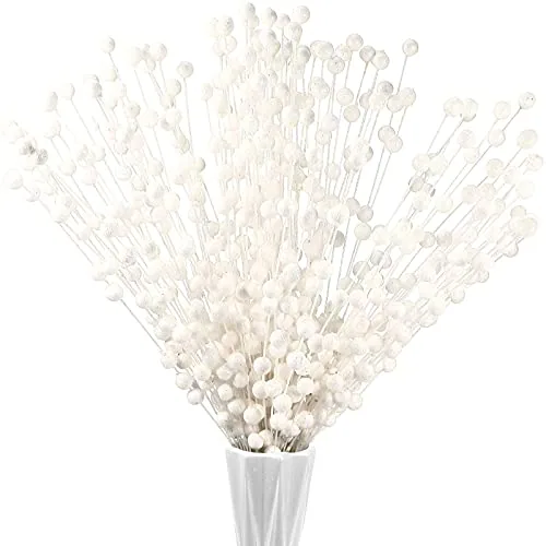 200 Piece Glitter Berry Stems Christmas Holly Picks, White, product photograph