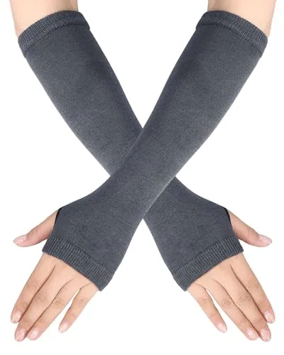 1 Pair Women Summer Knitted Long Fingerless Gloves UV, Grey, product photograph