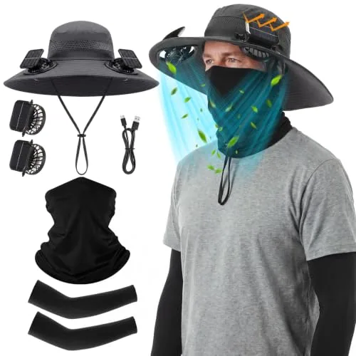 Solar Powered Fan Hat Neck Gaiter Arm Sleeves Sun Bucket, Grey, product photograph