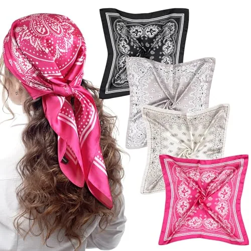 4 Piece 27 in Square Satin Bandanas, Pink, product photograph