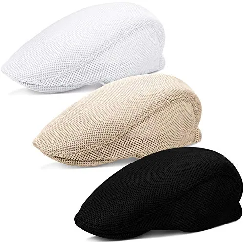 3 Piece Mens Mesh Flat Cap Breathable Summer Newsboy Hat Cabbie, product photograph