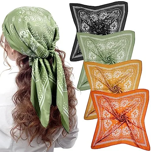 4 Piece 27 in Square Satin Bandanas, Green, product photograph