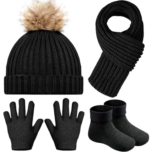 4 Piece Winter Kids Beanie Hat Scarf Gloves Socks Knit Set, Black, product photograph