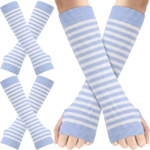 2 Pairs Long Arm Warmers Knit Women Fingerless Gloves, Blue, product photograph