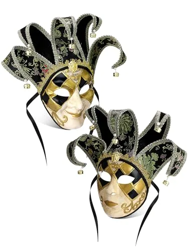 2 Piece Jester Masquerade Mask Full Face Venetian Mask, Black, product photograph