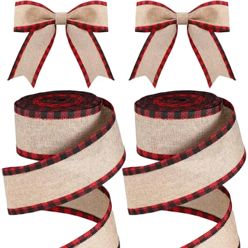 2 Rolls Christmas Buffalo Plaid Wired Edge Ribbons, Red, product photograph