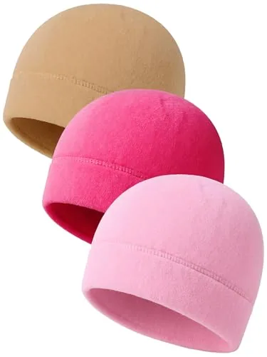 3 Piece Winter Warm Skull Cap Soft Fleece Beanie Hat Thick, Pink, product photograph