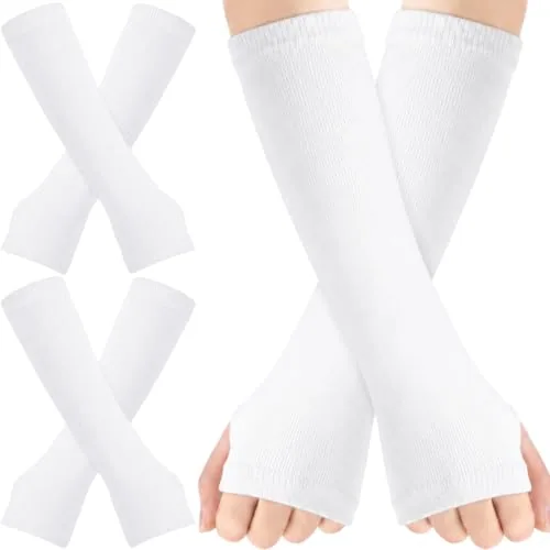 2 Pairs Long Arm Warmers Knit Women Fingerless Gloves, White, product photograph
