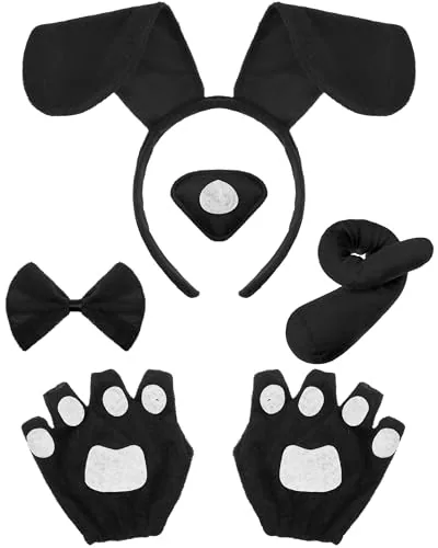Puppy Dog Costume Set Ears Headband Bowtie Nose Tail Paw, Black, product photograph