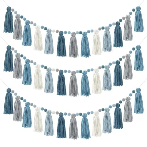 3 Piece Pastel Rainbow Tassel Garland Boho Classroom Decor, product photograph