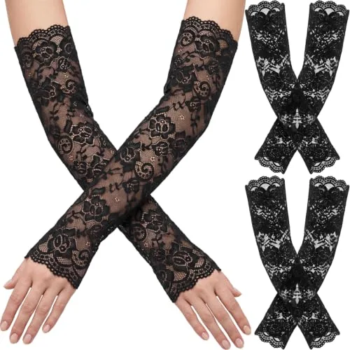 2 Pairs Women Lace Arm Sleeves Long Floral Lace Gloves, Black, product photograph