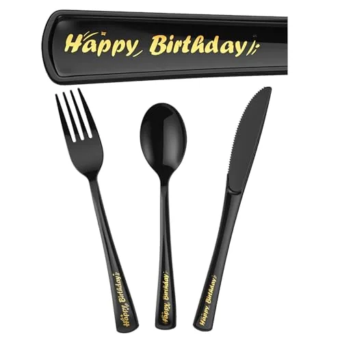 150 Piece Happy Birthday Plastic Silverware, Black, product photograph
