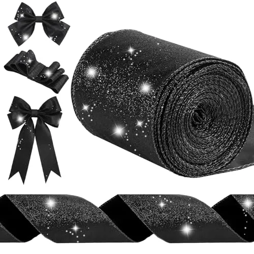 20 Yard Glitter Ribbon Wired Edge Waterproof Sparkly, Black, product photograph
