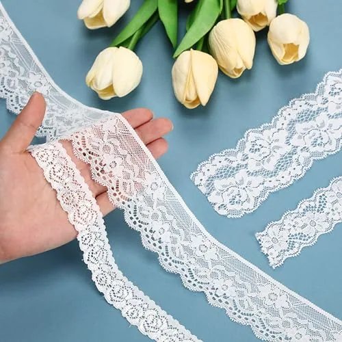 4 Rolls 24 Yards White Floral Lace Ribbon Stretch Lace, product photograph