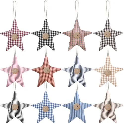 24 Piece Primitive Christmas Stars Ornaments Rustic Plaid Cotton, Multicolour, product photograph