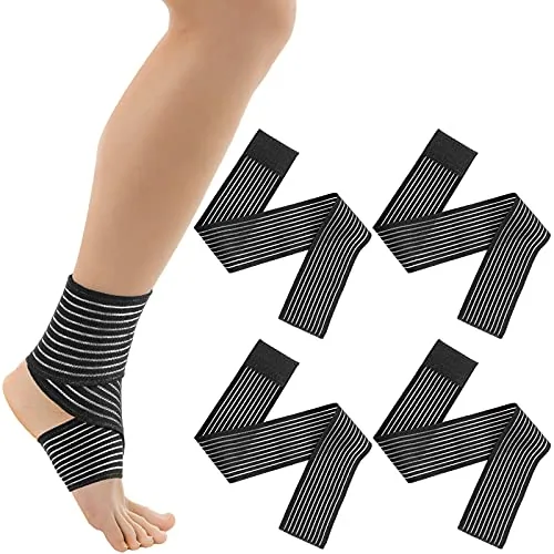 4 Piece Compression Leg Wraps Bandage Adjustable Ankle, Black, product photograph