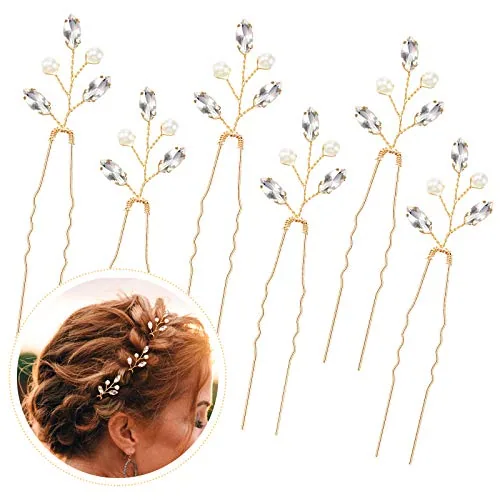 6 Piece Pearl Crystal Wedding Hair Pins Rhinestone Leaf, Gold, product photograph