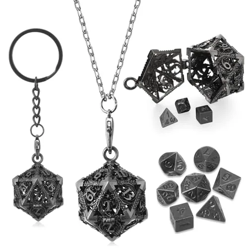 7 Piece Mini Dice Set 7 Pcs Tiny Small Metal Dice Set Hollow D20, Silver, product photograph