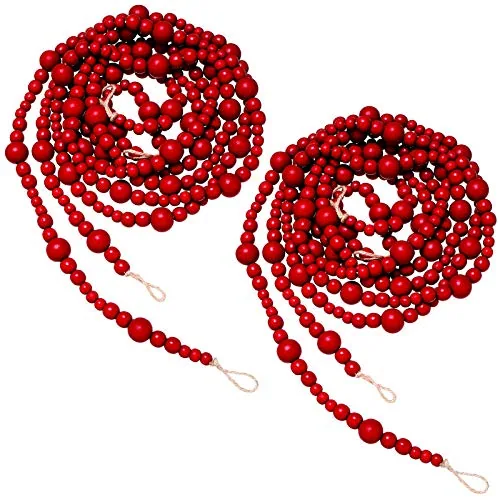 2 Piece 13.6 Feet Christmas Wooden Beads Garland, Red, product photograph