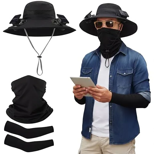 Solar Powered Fan Hat Neck Gaiter Arm Sleeves Sun Bucket, Black, product photograph