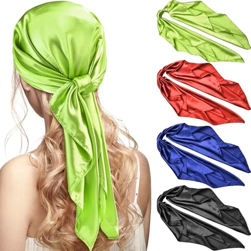 4 Piece 35 Inch Head Satin Large Bandana Satin Scarves Head Scarf, Green, product photograph