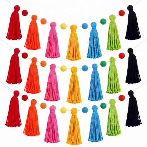 3 Piece Pastel Rainbow Tassel Garland Boho Classroom Decor, product photograph