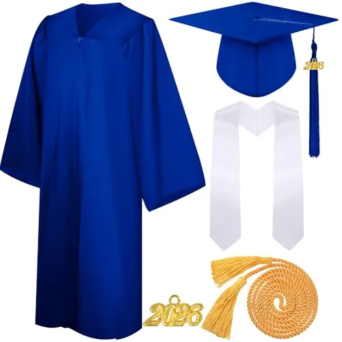 4 Piece 2026 Unisex Graduation Matte Gown Cap Tassel Stole Set, White, product photograph