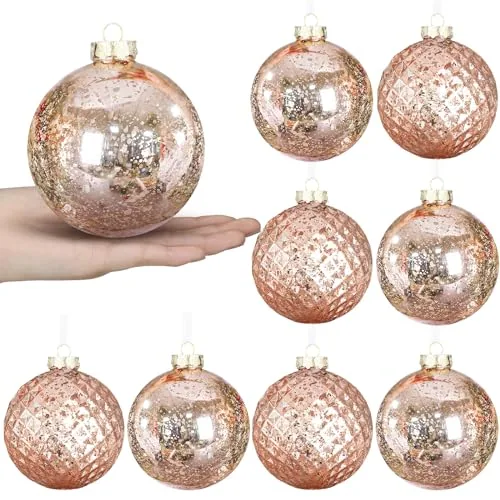8 Piece Rose Gold Christmas Ball Ornaments 4 in Shatterproof Mercury, Pink, product photograph