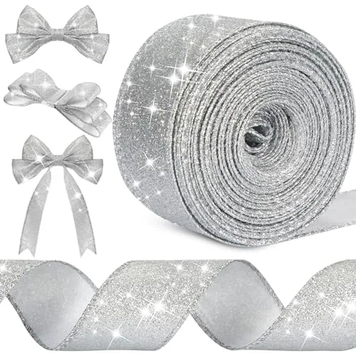 Glitter Ribbon Wired Edge 1.5 Inch X 20 Yard Silver, product photograph
