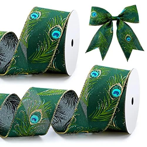 2 Rolls Peacock Print Wired Ribbons, Green, product photograph