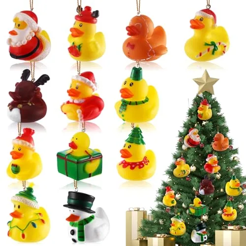 12 Piece Christmas Rubber Ducks Hanging Ornaments Xmas, Yellow, product photograph