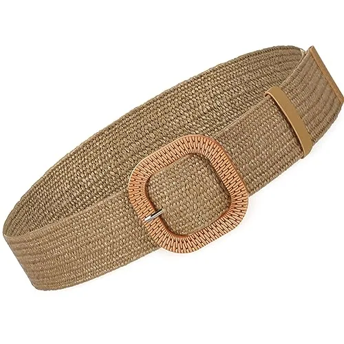 Women Straw Woven Belt Elastic Rattan Waist Raffia, Brown, product photograph