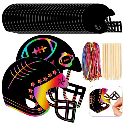 64 Piece Football Scratch Paper Crafts Kit Rainbow Cards Ornaments, Multicolour, product photograph