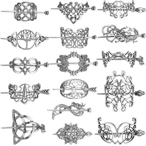 16 Piece Viking Celtic Hair Clips Vintage Knot Hair Stick Retro, Silver, product photograph