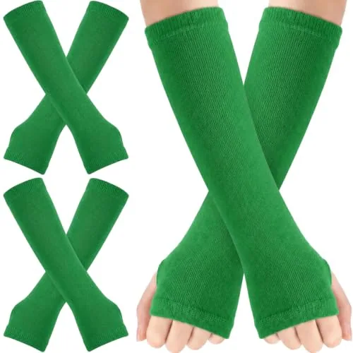 2 Pairs Long Arm Warmers Knit Women Fingerless Gloves, Green, product photograph