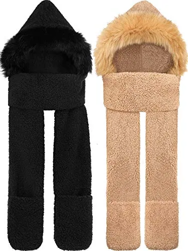 2 Piece Hooded Scarf Hat Gloves 3-in-1 Women Plush Warm, Black, product photograph