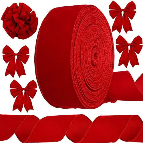 Velvet Ribbon 2.5 Inch X 40 Yard Scarlet Wired Gold Edge, product photograph